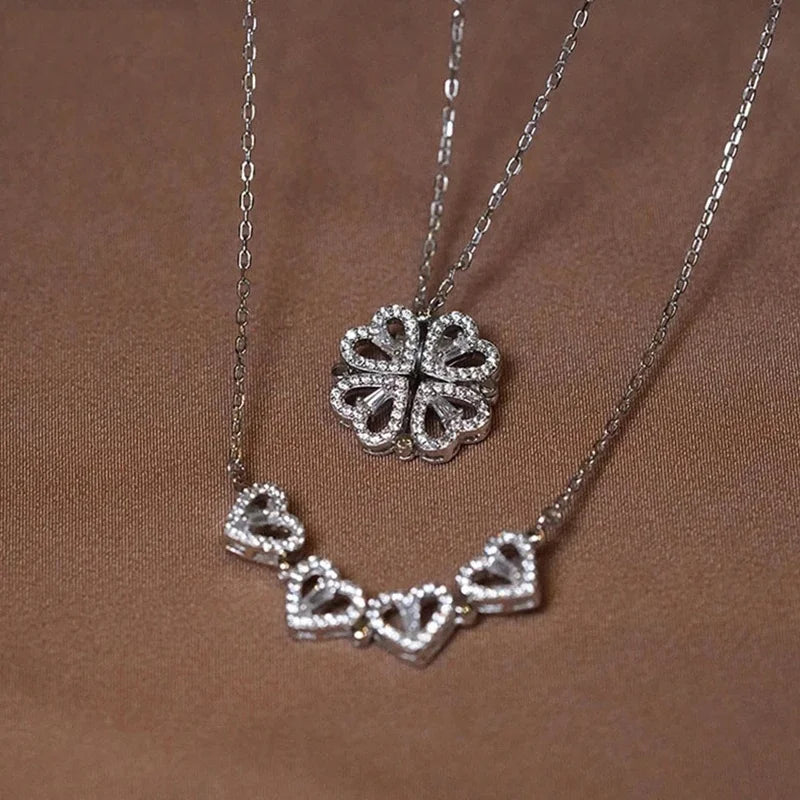 Heart Shaped Four Leaf Clover Pendant Necklace Silver Gold Jewelry Zircon Women Love Clavicle Chain Gifts Openable Chokerjewelry