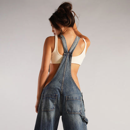 Y2K Denim Overalls With Pockets Fashion Loose Jumpsuit Streetwear Zipper Jeans Pants Womens Clothing