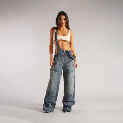 Y2K Denim Overalls With Pockets Fashion Loose Jumpsuit Streetwear Zipper Jeans Pants Womens Clothing