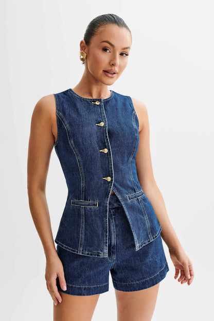 Denim Fashion Casual Sleeveless Women's Suit